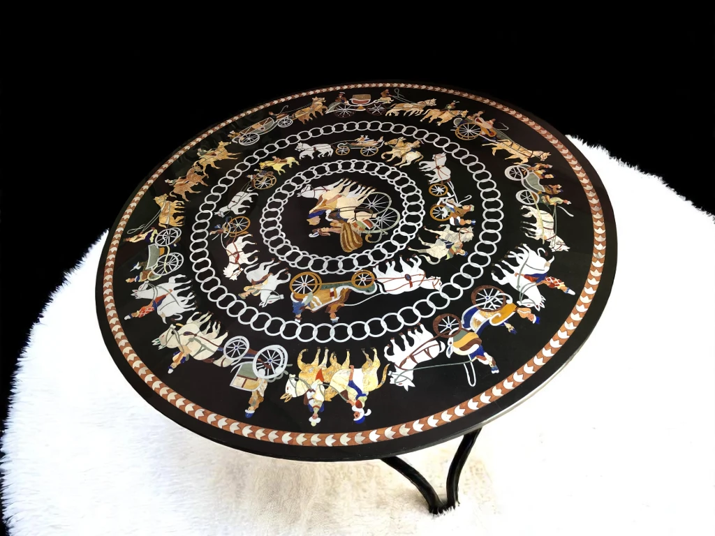 Stunning Black Marble Dining Table Featuring Intricate Inlay Design